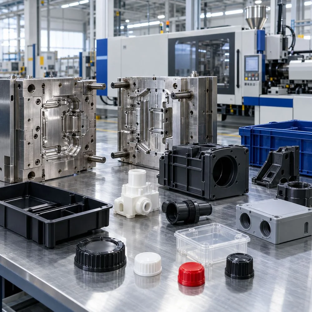 Moulded industrial plastic components and steel injection moulds on the plant floor