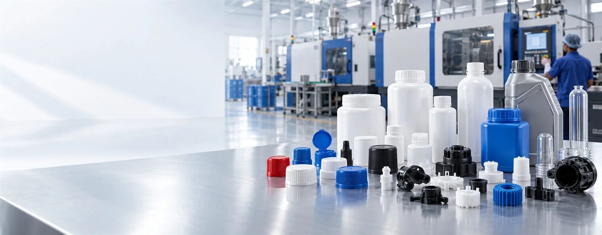 Caps, closures, bottles and moulded components displayed in front of injection moulding machines at the Krishna Polymer Technology plant