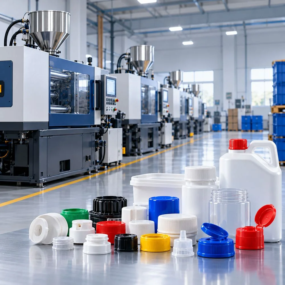 Row of Milacron injection moulding machines on the plant floor with moulded caps, closures and containers in the foreground