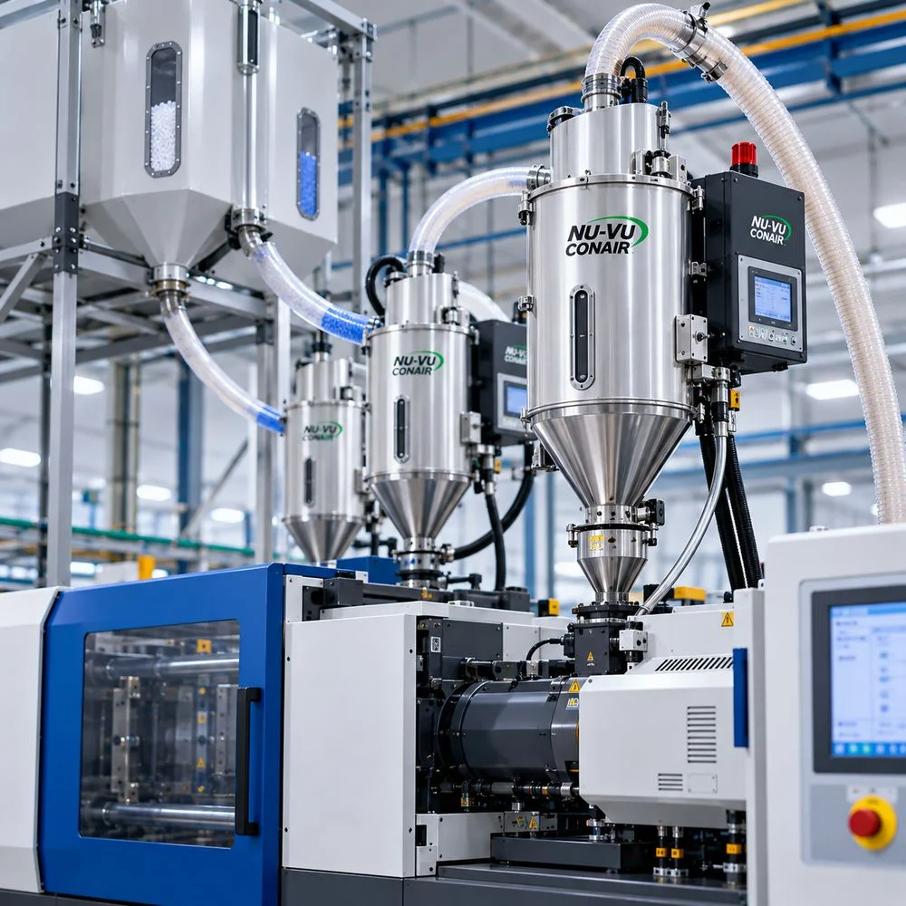 NU-VU CONAIR hopper loaders feeding material to an injection moulding machine