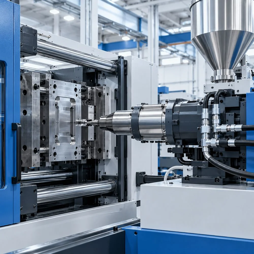Injection unit and clamping section of a blue and white injection moulding machine with mould plates