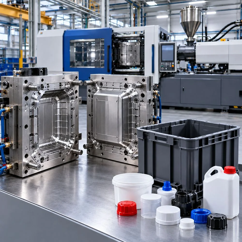 Steel injection mould halves in front of a moulding machine with finished containers and caps on the table