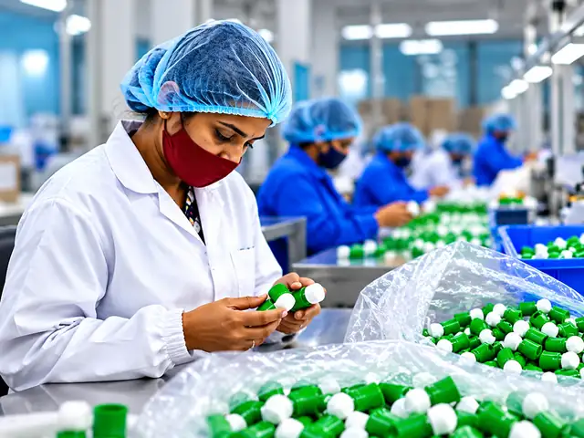 Quality inspector checking green and white moulded caps on the packing line at the Krishna Polymer Technology plant
